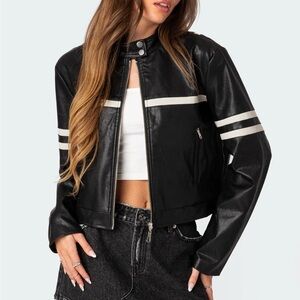 Edikted Black Leather Jacket with White Accents